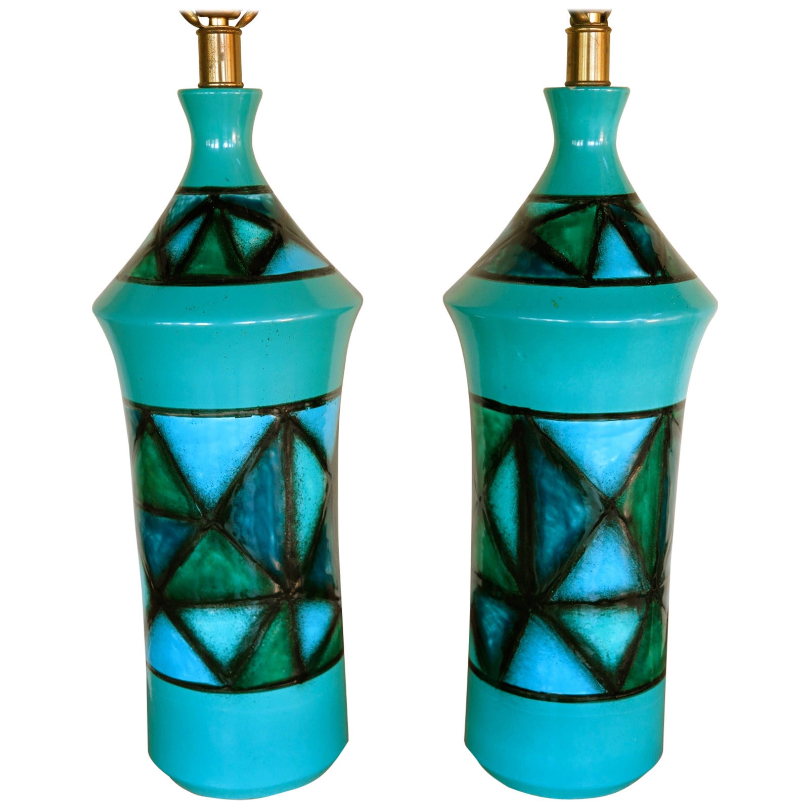 Pair of Italian Ceramic Turquoise Lamps, circa 1960s