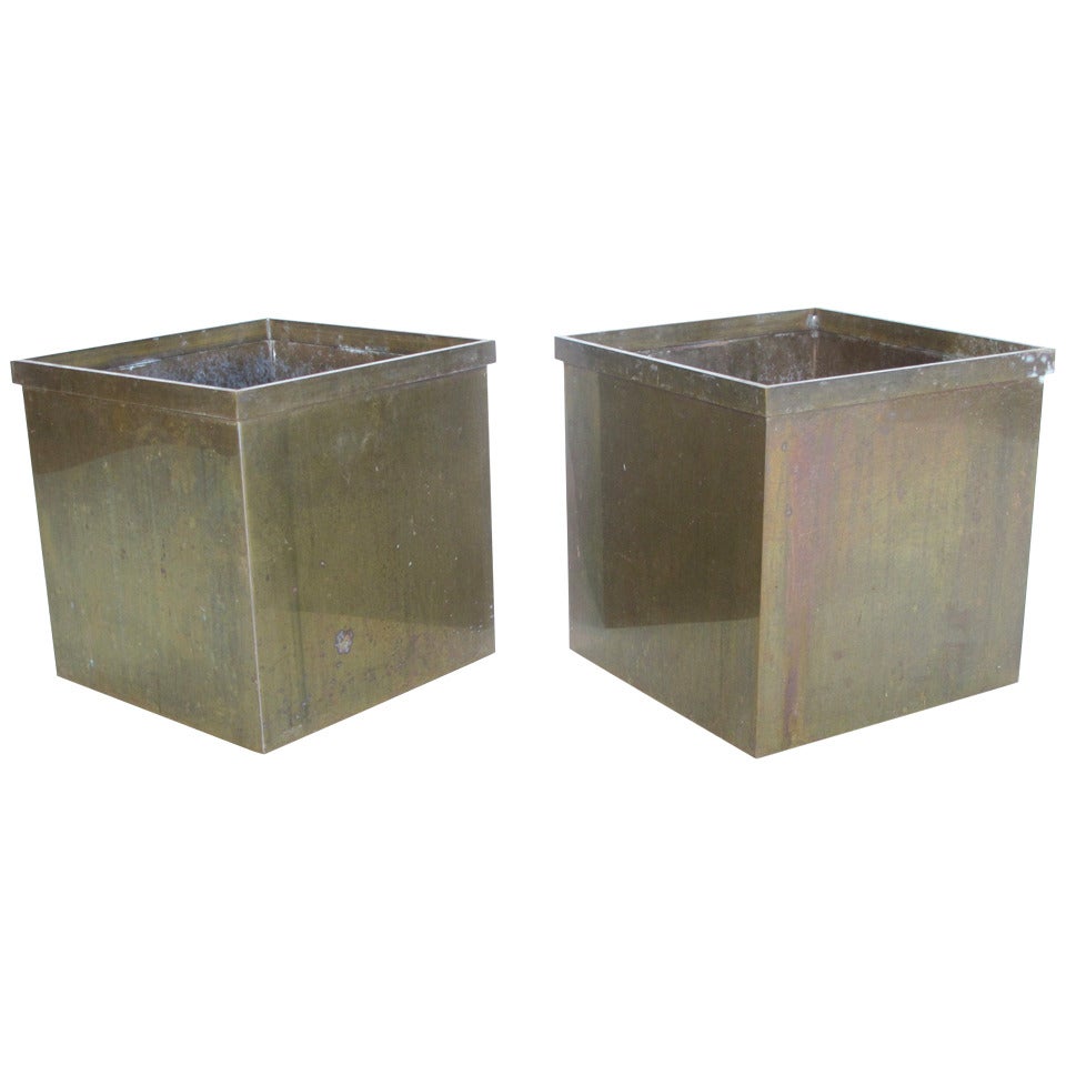 A Pair of Patinated Brass Planters