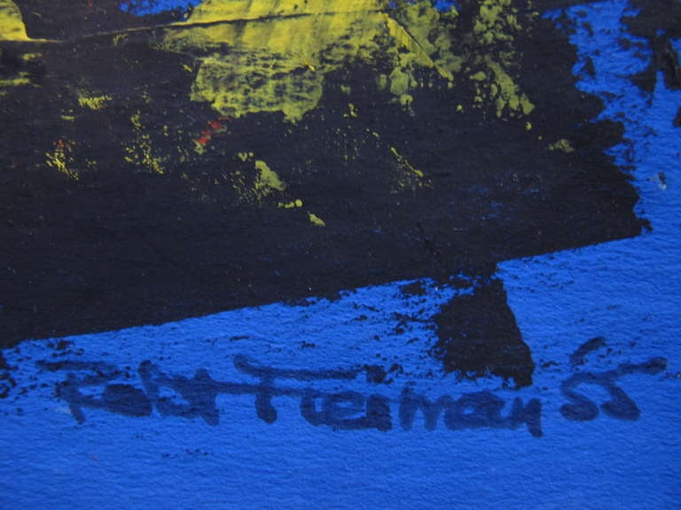 Una straordinaria gouache su carta di Robert Freiman, firmata e datata 1957.
Robert J. B. (nato nel 1917 e morto nel 1991), sordo dalla nascita, è nato a New York e ha frequentato la Lexington School for the Deaf. Ha studiato arte alla National