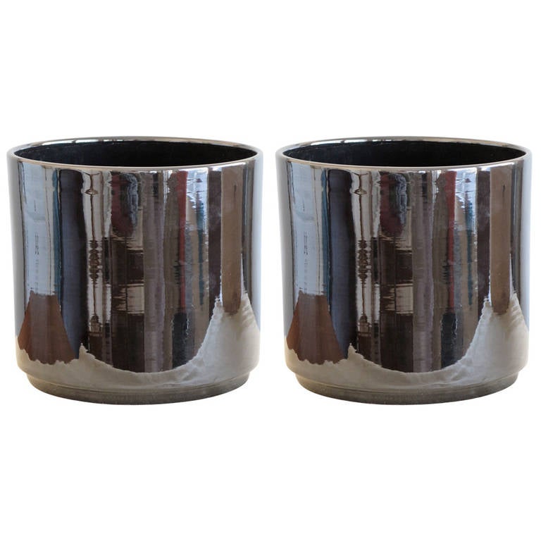 Pair Of Gainey Pottery Shiny Black Ceramic Planters Vintage And Pair Of Gainey Pottery Shiny Black Ceramic Planters Vintage And Unused For