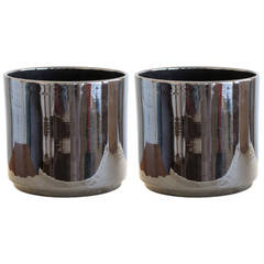 Pair of Gainey Pottery Shiny Black Ceramic Planters, Vintage and Unused 7