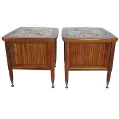 A Pair of Mid Century Walnut Nightstands with Tile Decoration 2