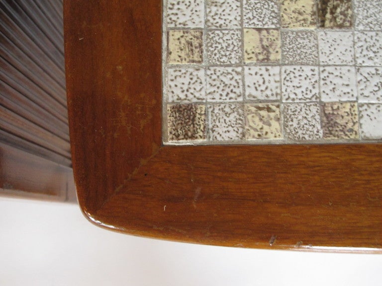 A Pair of Mid Century Walnut Nightstands with Tile Decoration In Good Condition For Sale In St.Petersburg, FL