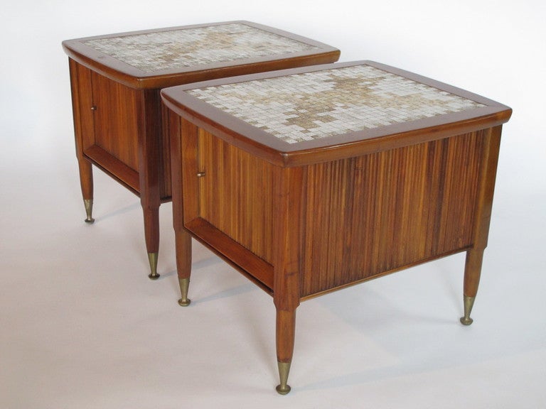 Brass A Pair of Mid Century Walnut Nightstands with Tile Decoration For Sale