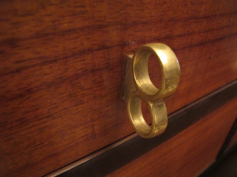 A classic Edward Wormley for Dunbar sideboard. Brass ring handles, marble top, felt lined drawers. Green label, Dunbar reference # 5464