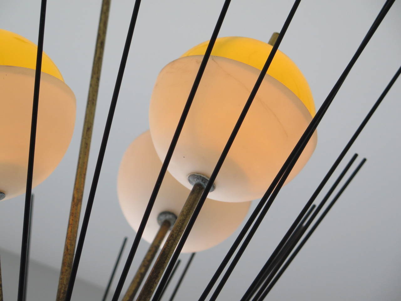 Mid-Century Modern Arredoluce Chandelier with Brass Rods and Three Shades