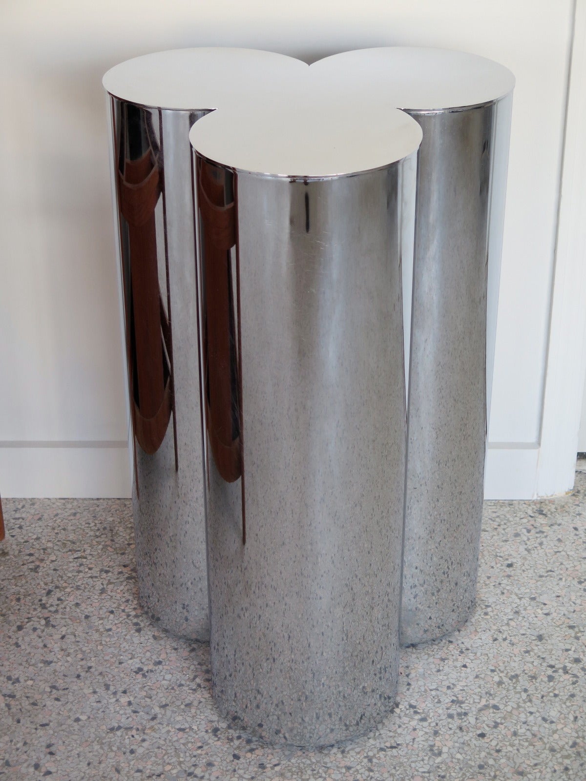 A pair of heavy chrome-plated, stainless steel pedestals by Mastercraft, circa 1960s. Dining table height could be used a dining table supports, console or individual tables. Each is 28.5