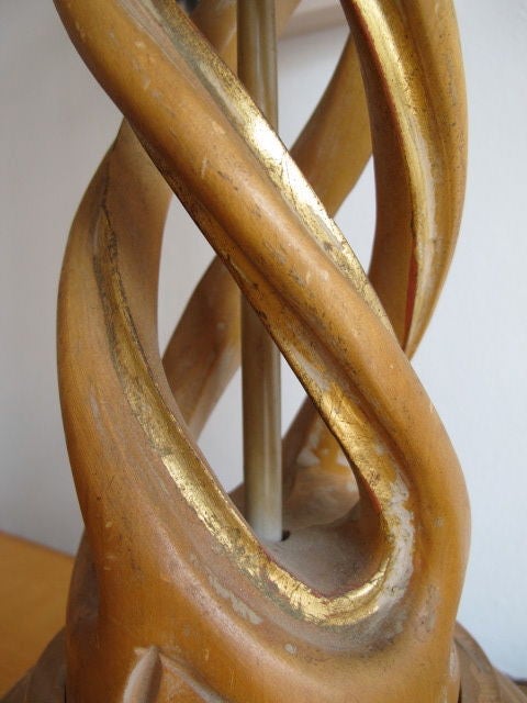 A pair of Frederick Cooper (Chicago) twisted column lamps. White wash, gold leaf, large scale impressive lamps.
