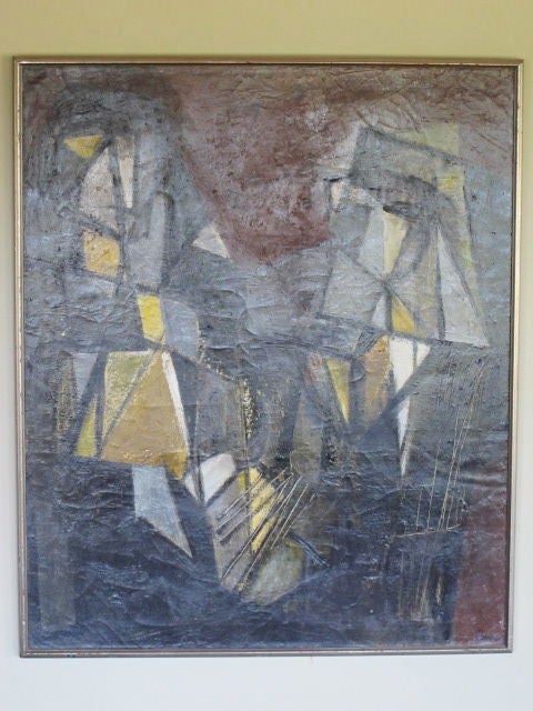 Grande huile sur toile de Hilda Altschule, 1950, artiste américaine, intitulée 