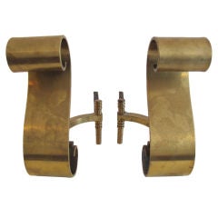 Vintage A Pair Of Scroll Andirons In Heavy Brass
