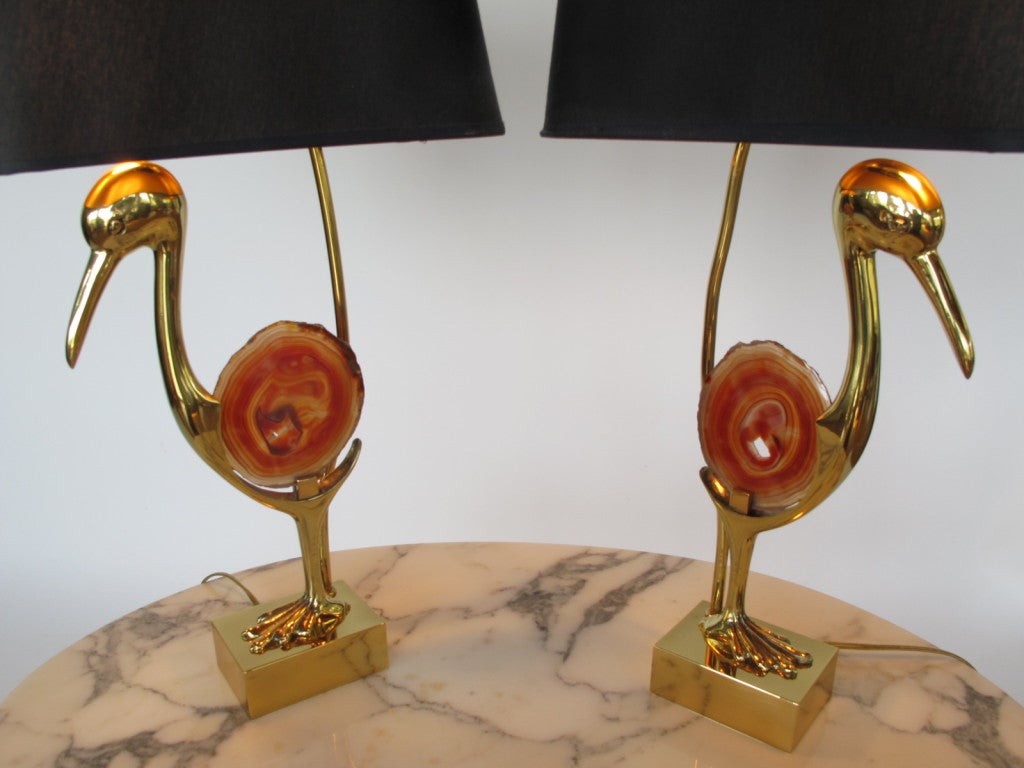 A pair of signed Willy Daro table lamps in brass and polished agate. Rewired for USA. Original shades.