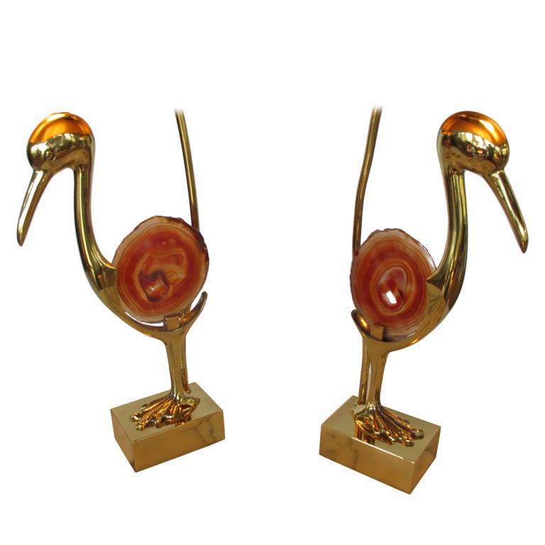 A Pair of Signed Willy Daro Brass and Agate Table Lamps