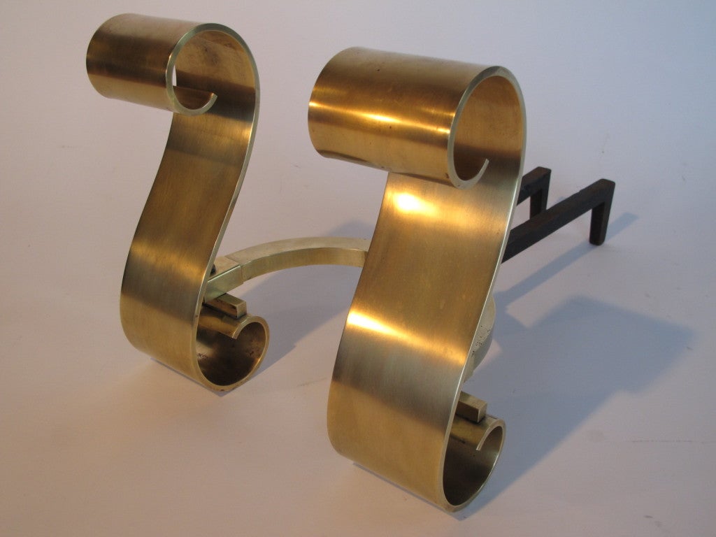 A Pair of Decorative Brass Scroll Andirons For Sale 2