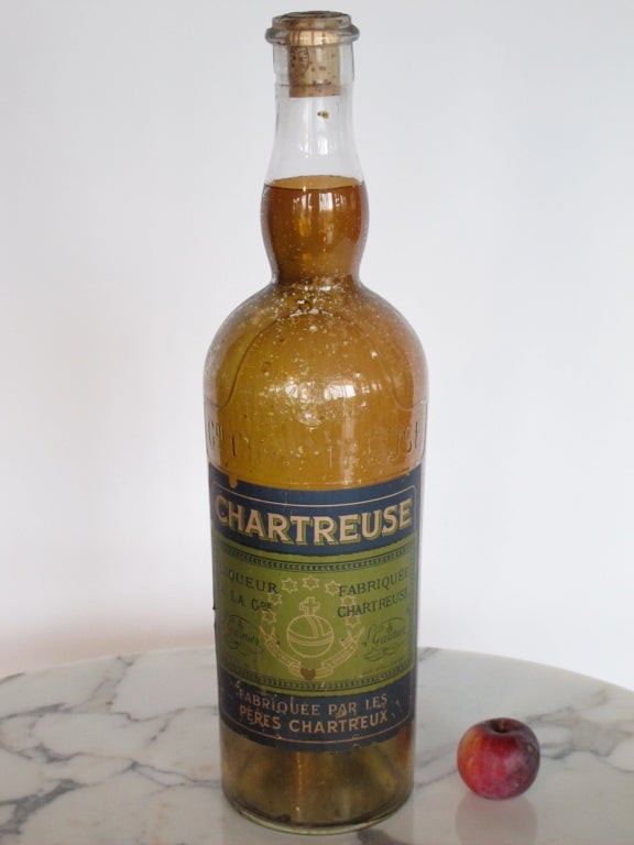 A fantastic vintage Chartreuse bottle-store display. Clear glass coated inside-measures 23.5