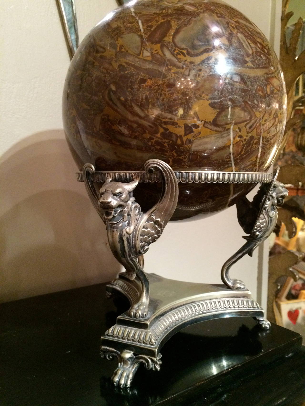 Neoclassical Large Marble Orb on Silver Stand
