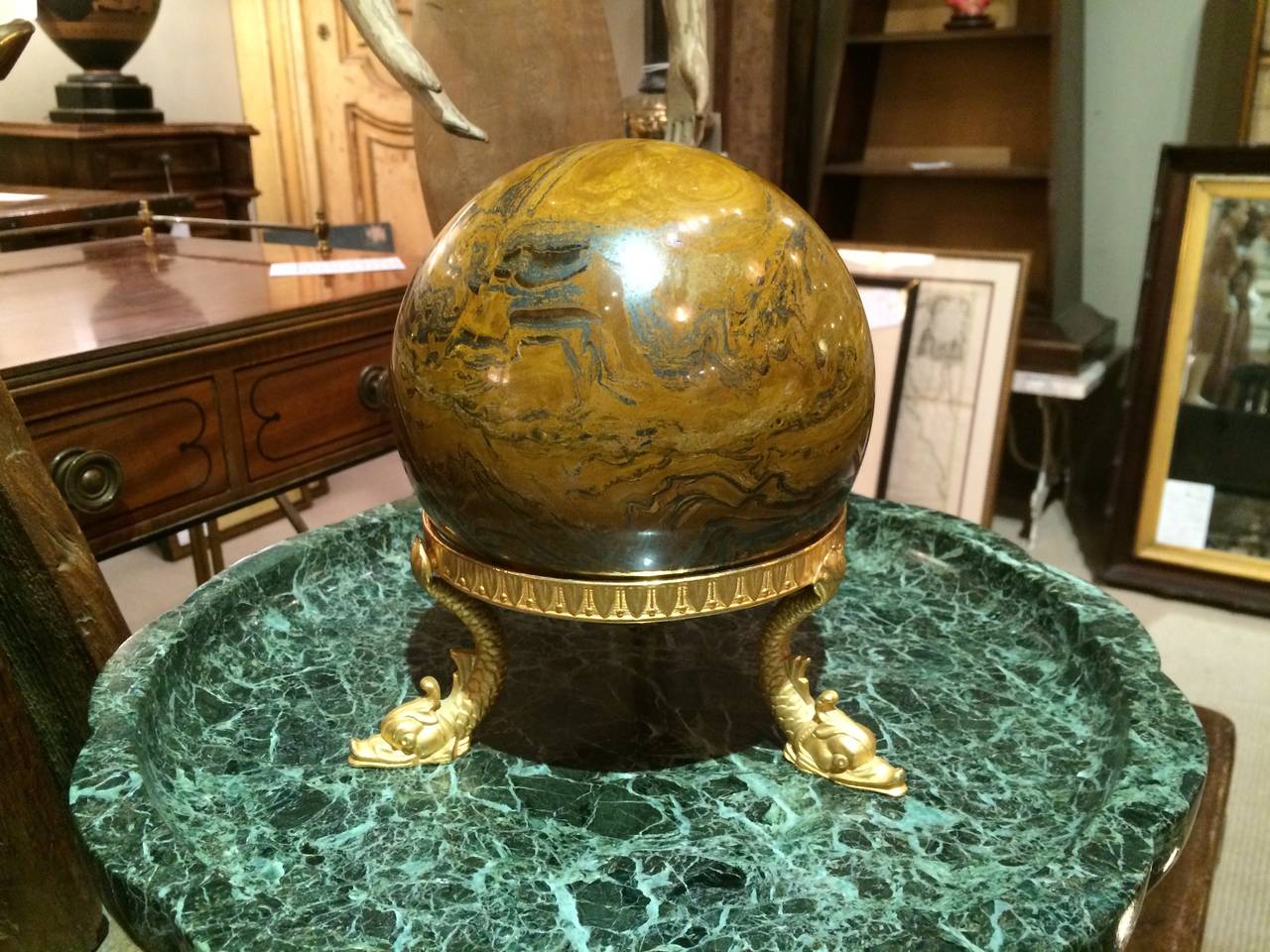 French Neoclassical Tripod Dolphin Bronze Stand with Orb