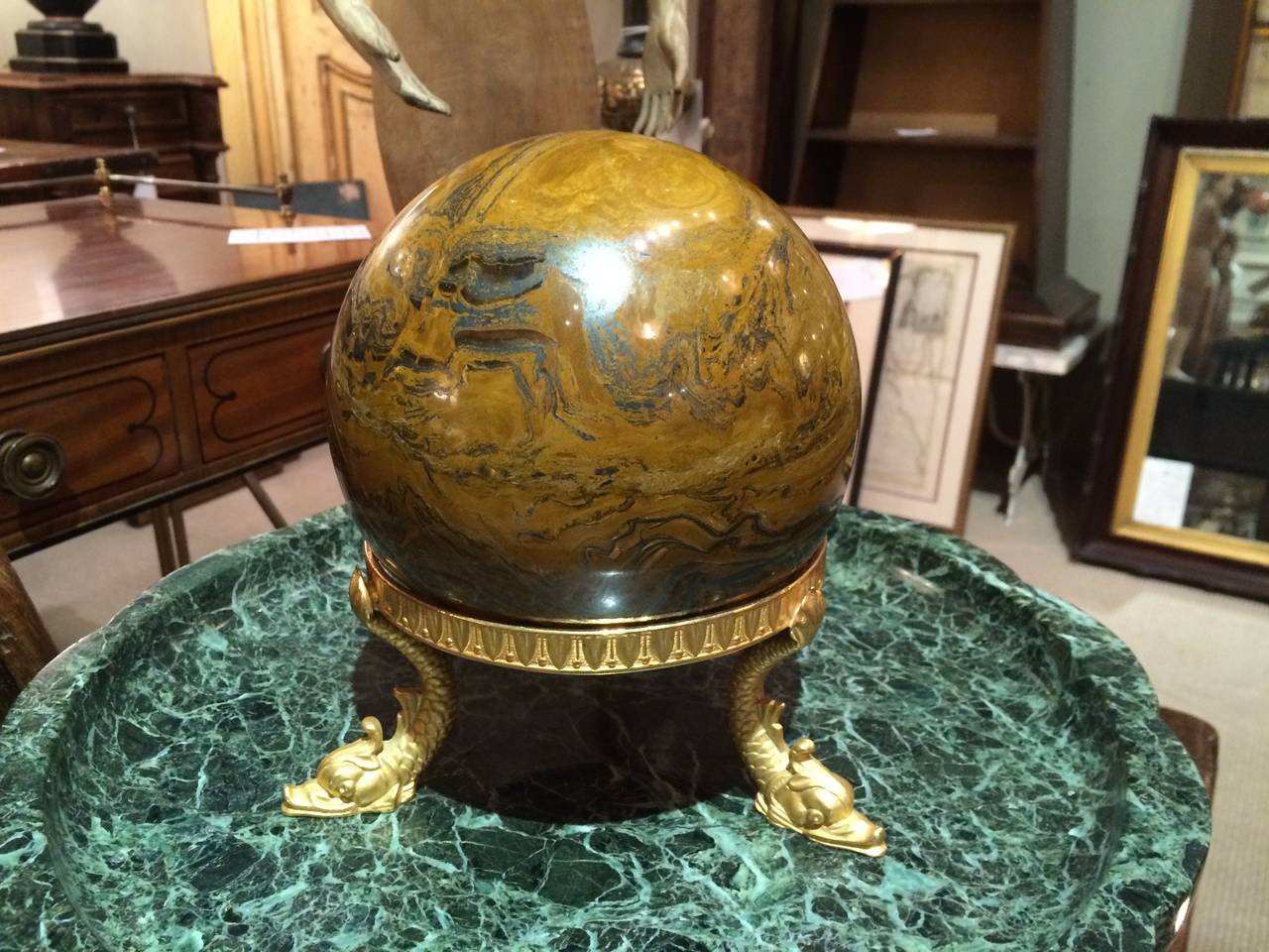 Neoclassical Tripod Dolphin Bronze Stand with Orb In Good Condition In Stamford, CT