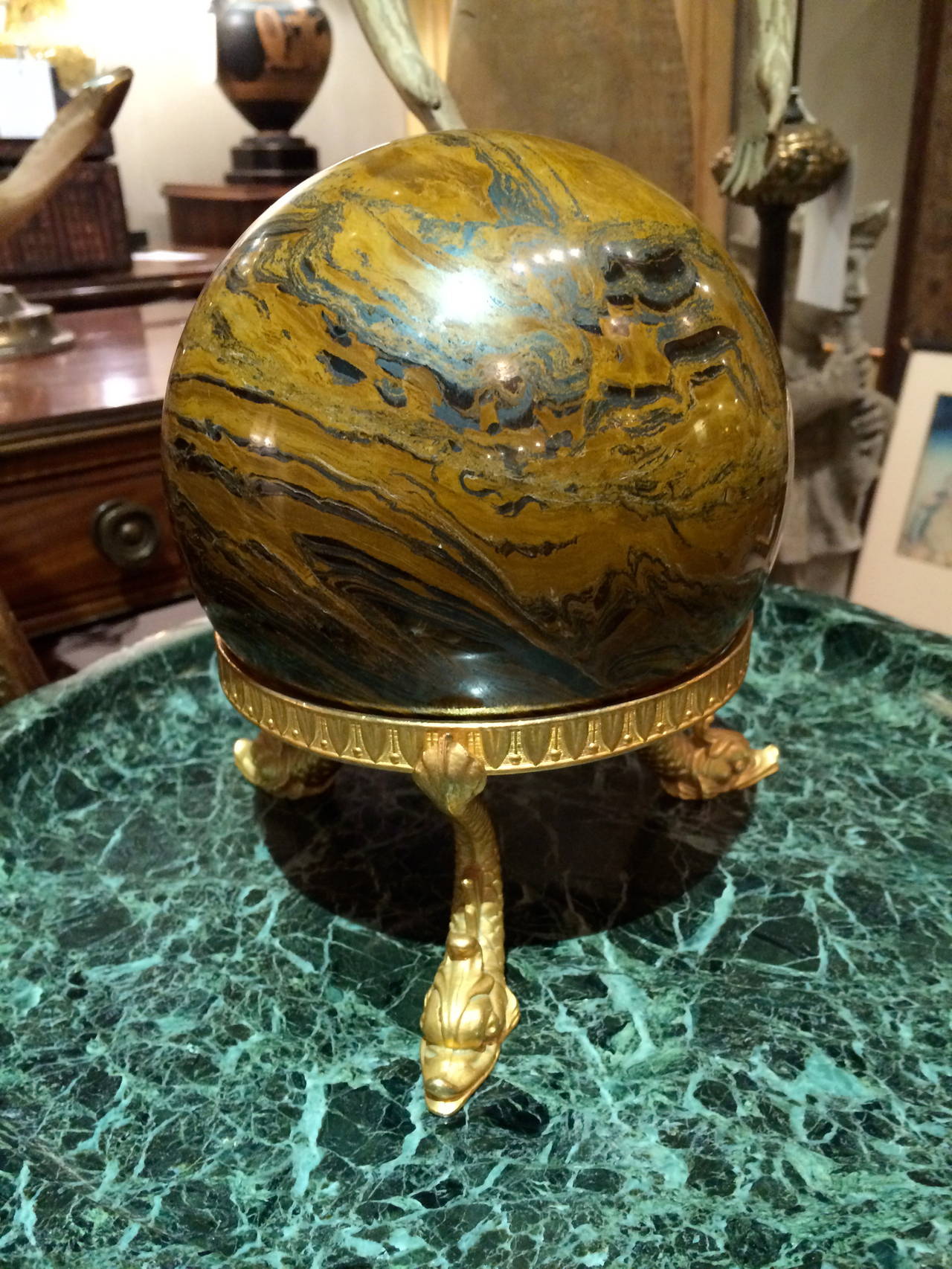Neoclassical Tripod Dolphin Bronze Stand with Orb 2