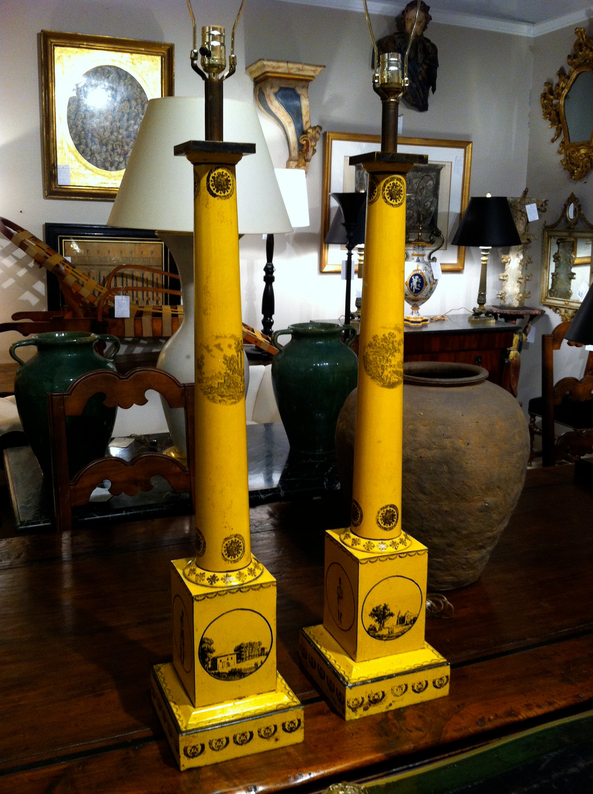 Pair of Large-Scale Neoclassical Column Form Yellow Tole Lamps