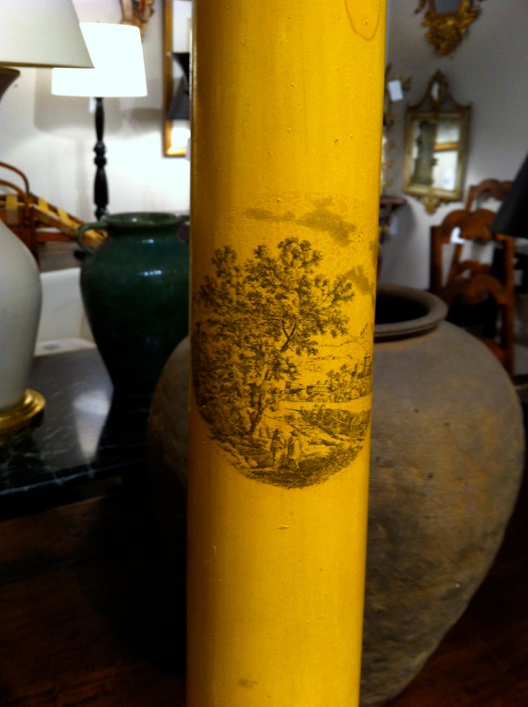 Painted Pair of Large-Scale Neoclassical Column Form Yellow Tole Lamps