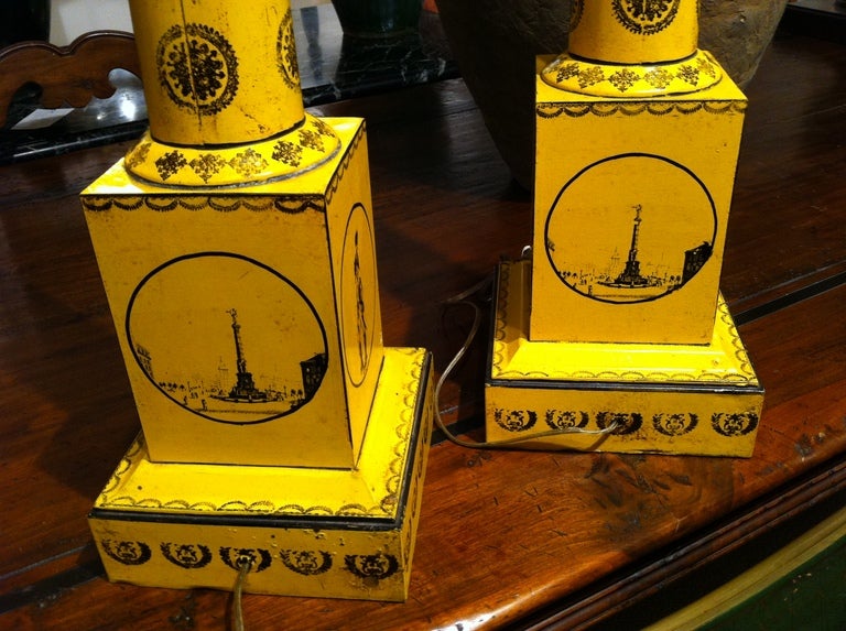 Pair of Large-Scale Neoclassical Column Form Yellow Tole Lamps In Good Condition In Stamford, CT