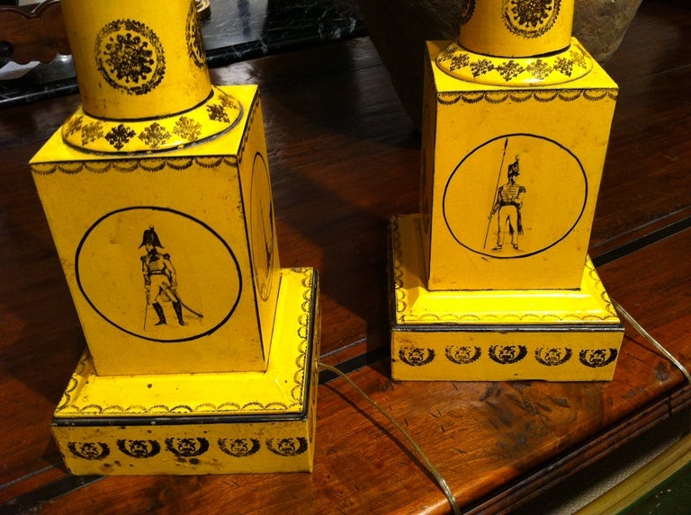 Mid-20th Century Pair of Large-Scale Neoclassical Column Form Yellow Tole Lamps
