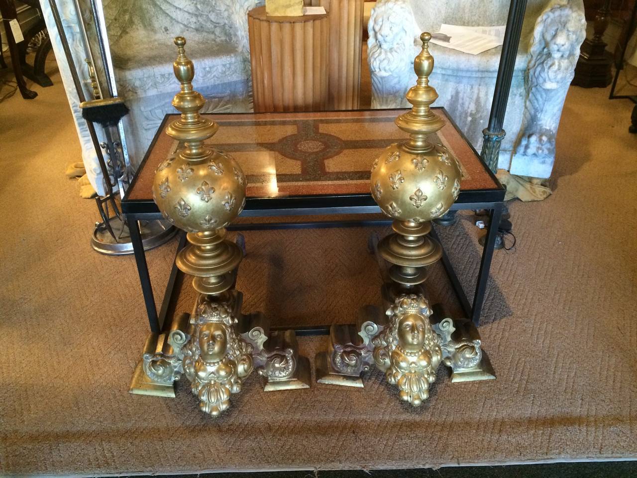 Massive French Louis XV Gilt Bronze Andirons In Excellent Condition In Stamford, CT