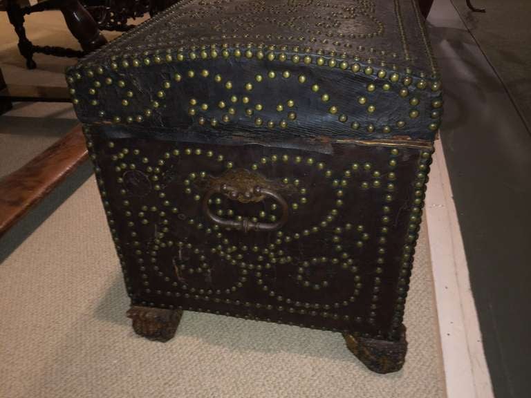 Spanish Leather Trunk with Brass Studs In Good Condition In Stamford, CT