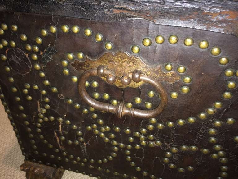 18th Century and Earlier Spanish Leather Trunk with Brass Studs