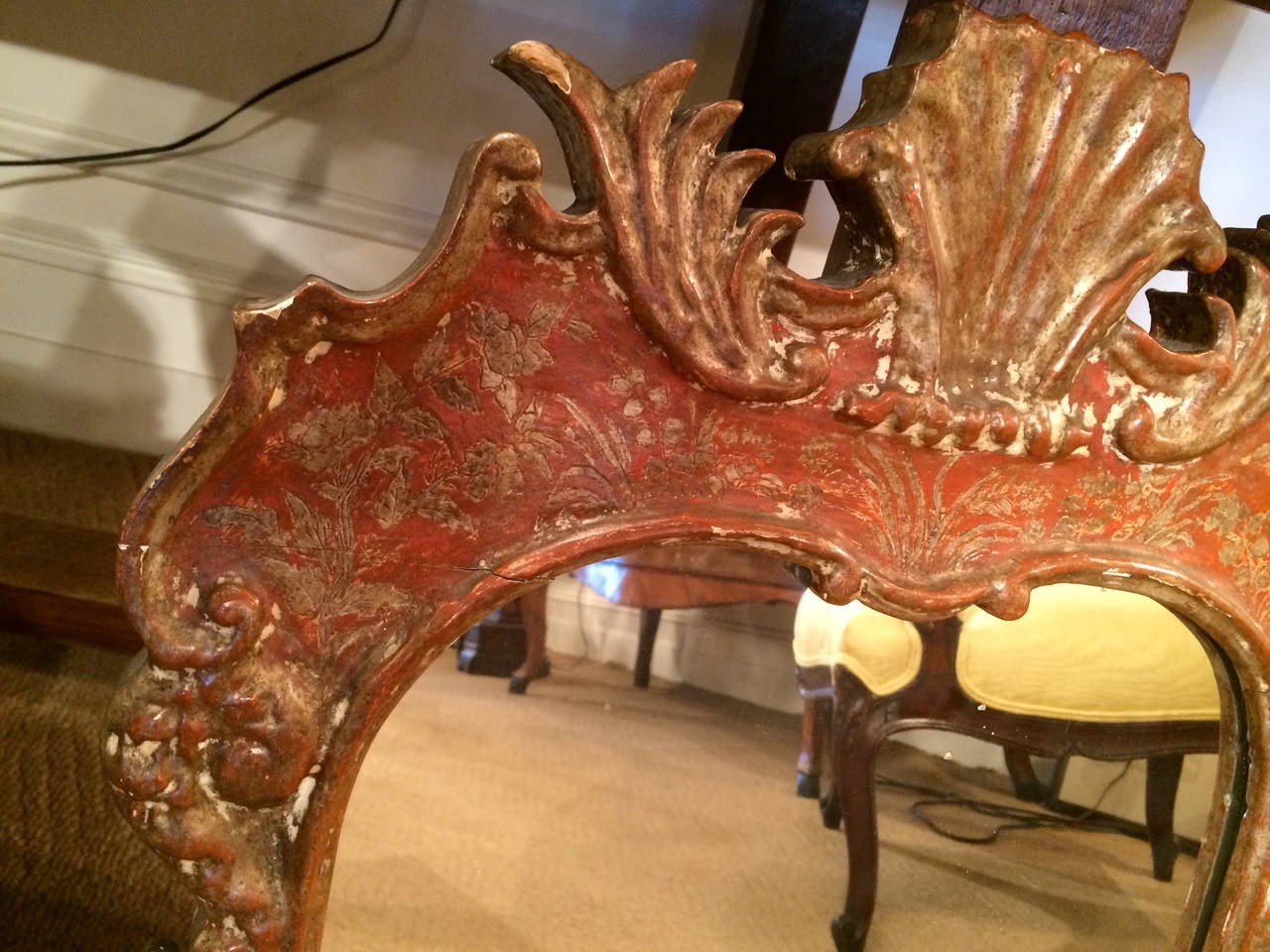 Venetian Rococo Painted Red and Silver Mirror In Good Condition In Stamford, CT