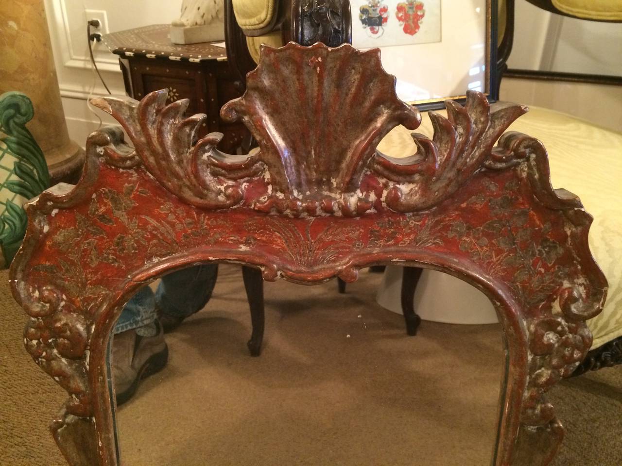Italian Venetian Rococo Painted Red and Silver Mirror