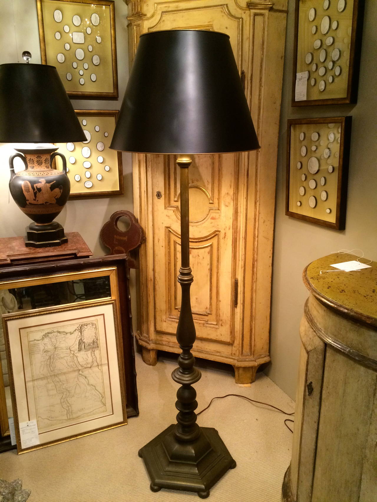 Pair of Baroque style bronze floor lamps, bold with elegant turnings. The turned shaft supported by a hexagonal base with bun feet. 
Top quality, possibly by E. F. Caldwell.