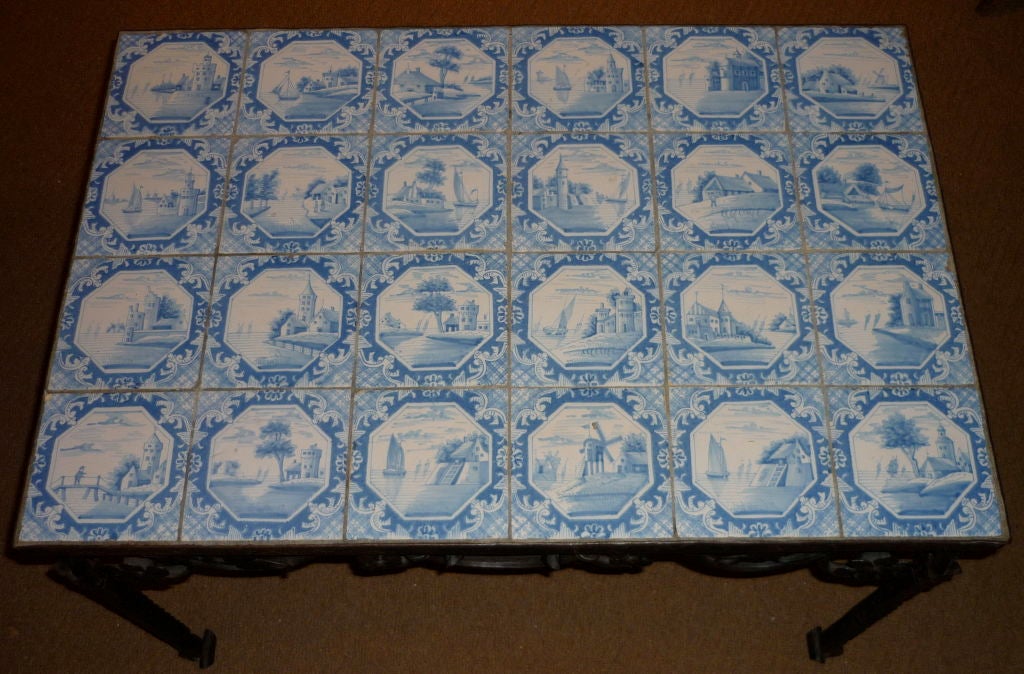 20th Century DUTCH DELFT TILE TOP TABLE WITH IRON BASE