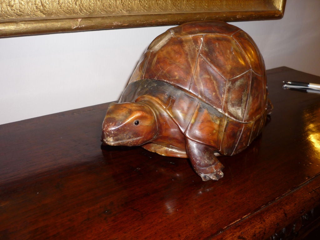 Unusual Italian turtle form alabaster lamp, the shell lifts off with fixture inside. Unique decorative sculpture and very cool lamp.<br />
Signed indistinctly on the inside of the shell
