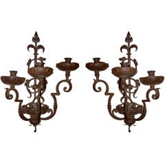 Antique Pair of Italian Baroque Wrought Iron Three-Light Sconces