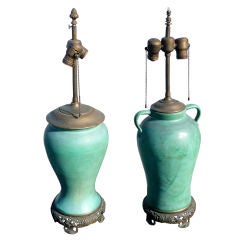 Near Pair Green Ceramic Lamps With Chinese Mounts