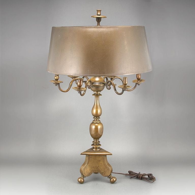 Quality Dutch Baroque turned bronze six light candelabrum mounted as a table lamp with curved candle arms on a baluster standard ending in a triangular base and ball feet. Beautifully cast with a fine rich patina.