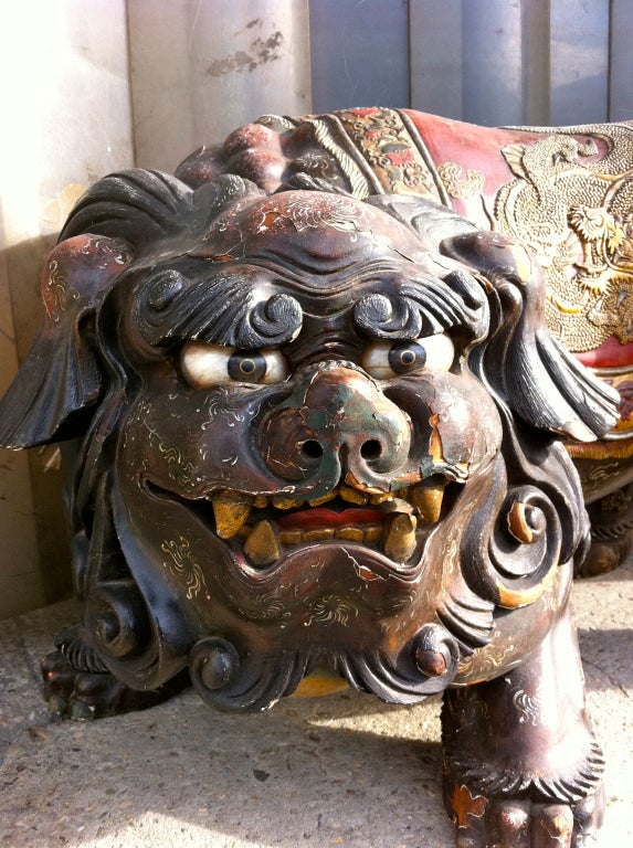 19th Century PAIR JAPANESE LACQUERED SHISHI LION TEMPLE GUARDIANS