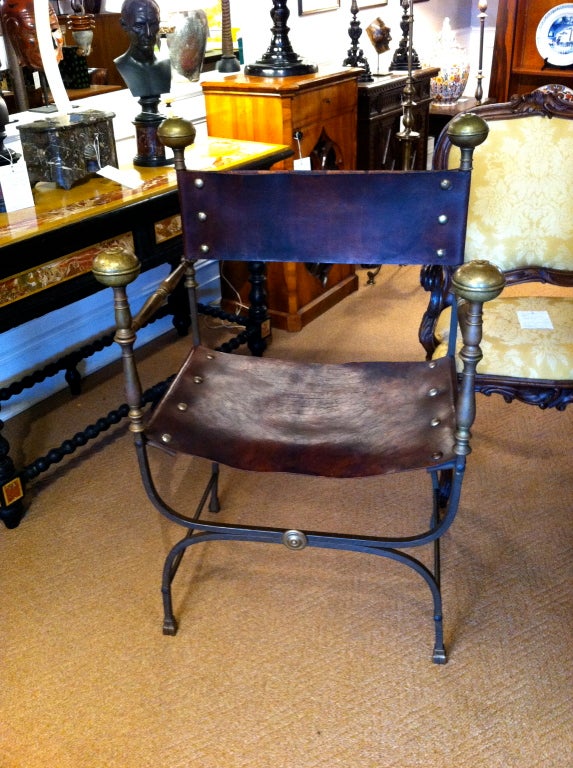 Italian Baroque Style Iron And Bronze Curule Chair In Excellent Condition In Stamford, CT
