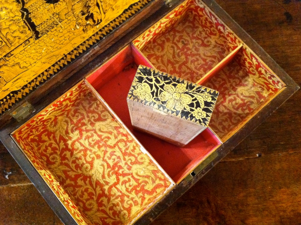 Regency Penwork Table Box With Brass Bun Feet 6