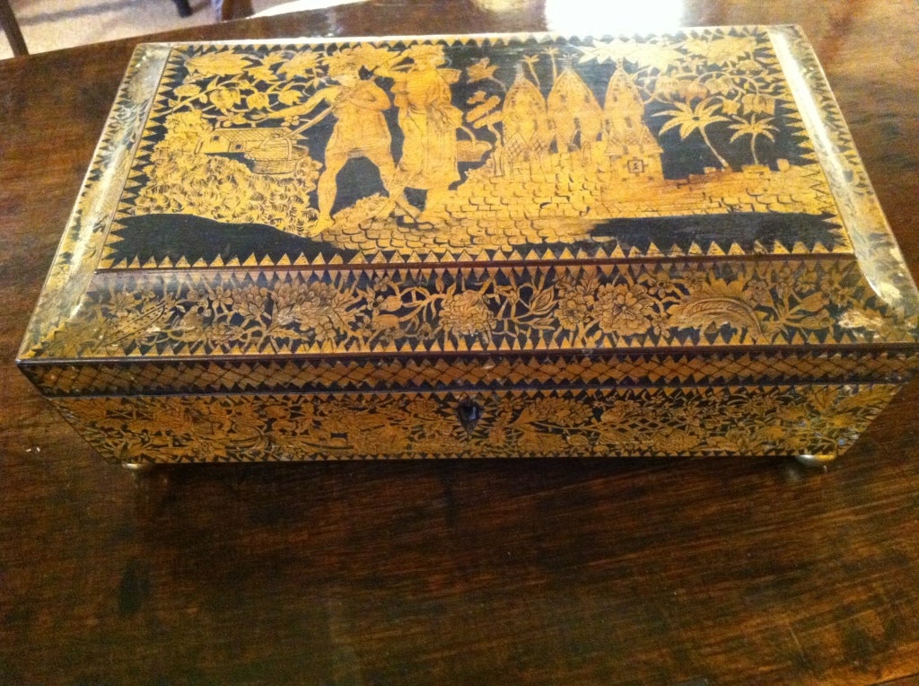 19th Century Regency Penwork Table Box With Brass Bun Feet