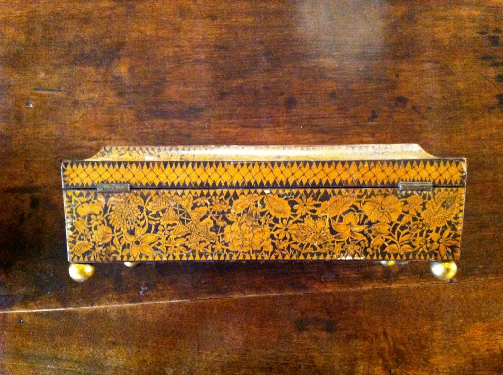 Regency Penwork Table Box With Brass Bun Feet 2