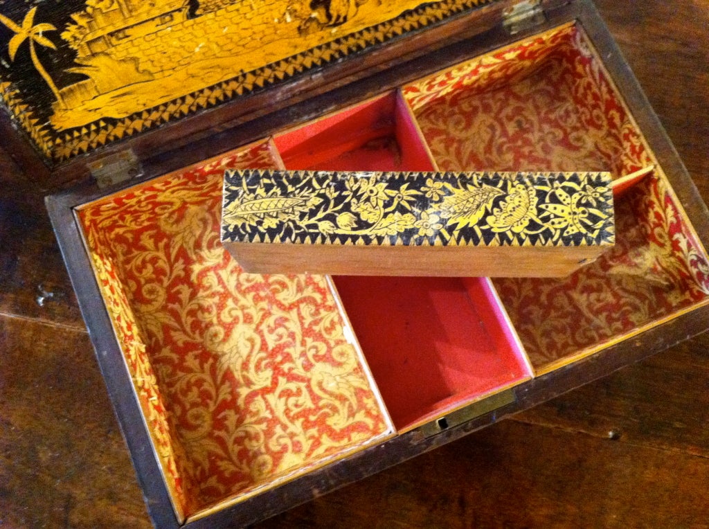 Regency Penwork Table Box With Brass Bun Feet 5