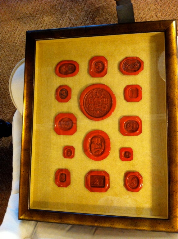 Set of four framed sets of best quality Italian late 18th/early 19th red wax intaglios in gilt wood shadow box frames with silk backing. I've had many of these over the years, these are the best of the best. 14 in each set, 56 total.