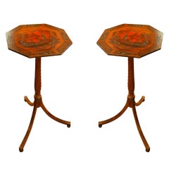 Pair of Red Lacquer Chinoiserie Candle Stands