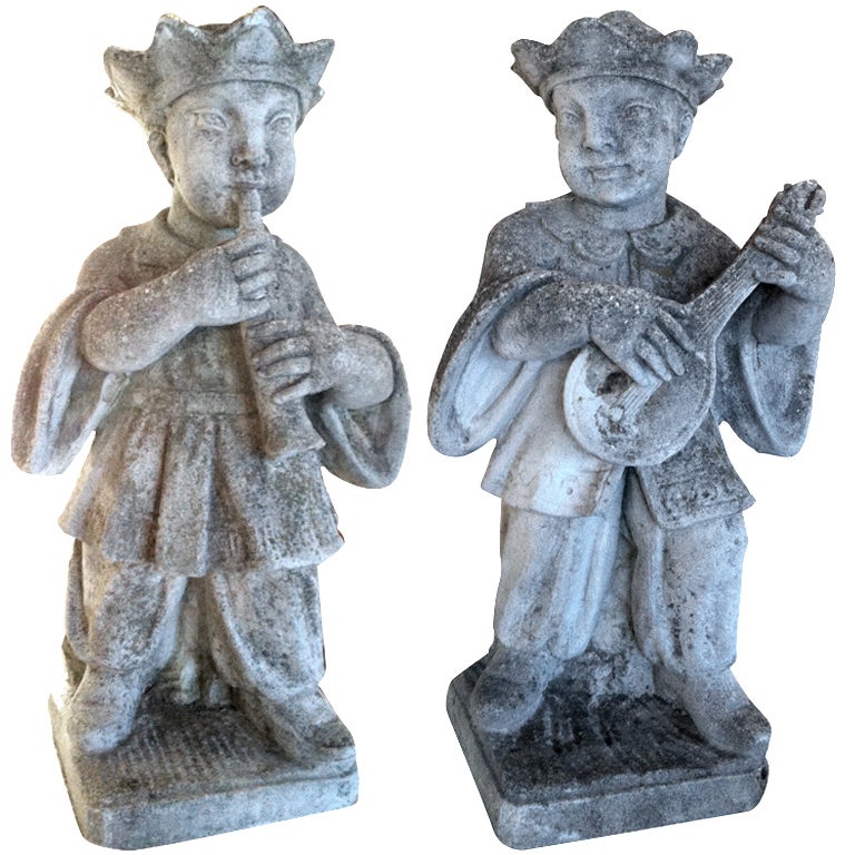 Pair French Chinoiserie Cast Stone Musicians