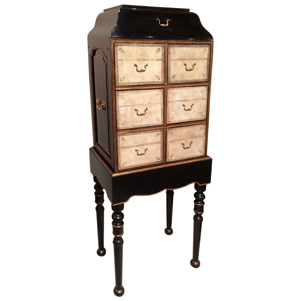 French Black Lacquer and Gilt Chest on Stand with Leather Drawers For Sale
