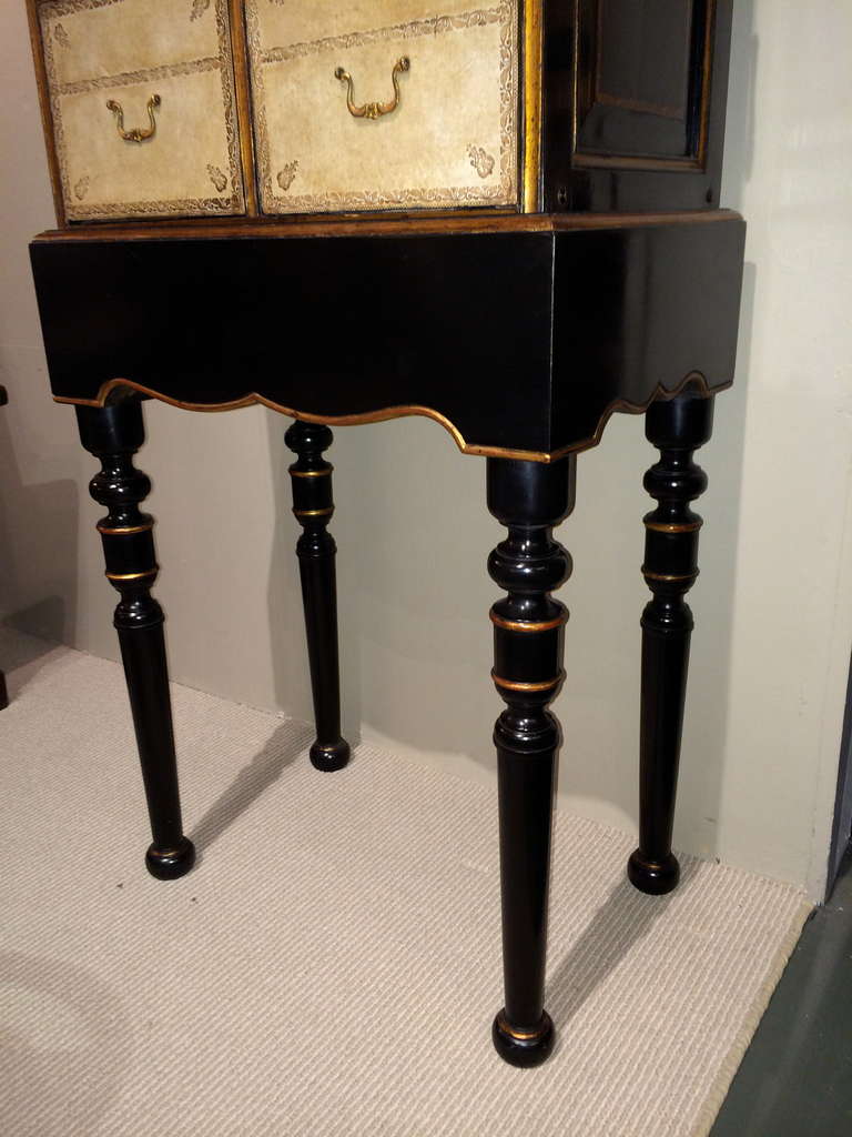 Régence French Black Lacquer and Gilt Chest on Stand with Leather Drawers For Sale