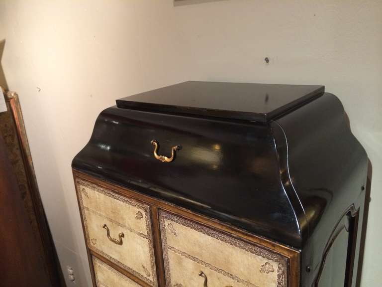 Mid-20th Century French Black Lacquer and Gilt Chest on Stand with Leather Drawers For Sale