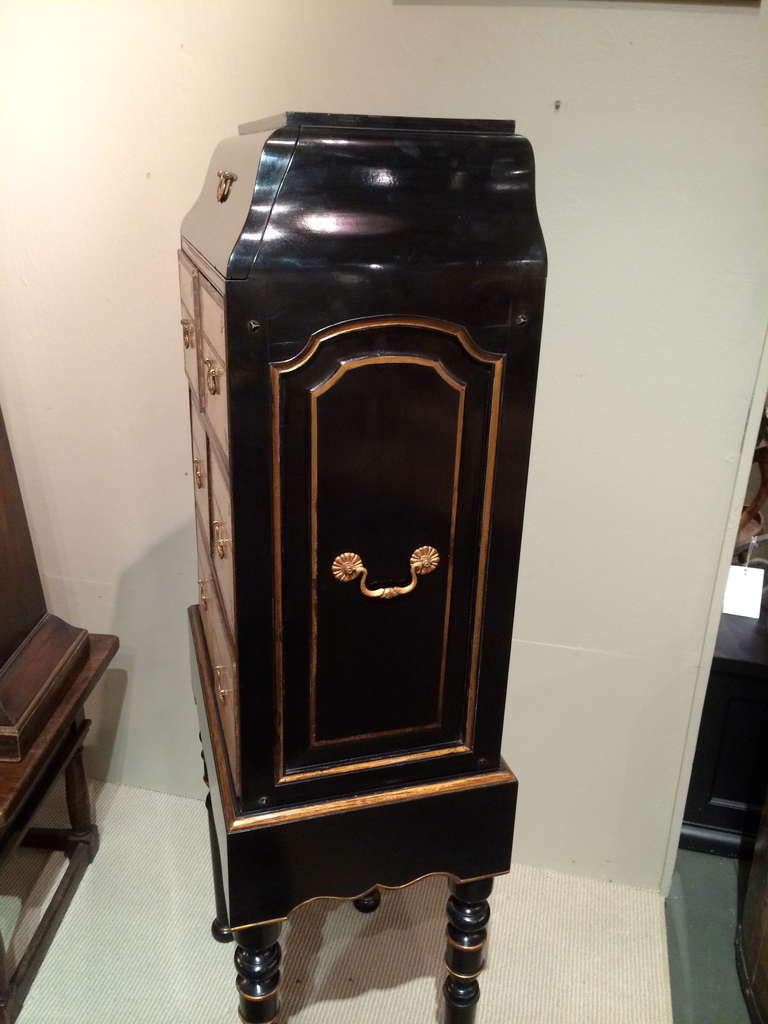 French Black Lacquer and Gilt Chest on Stand with Leather Drawers 3